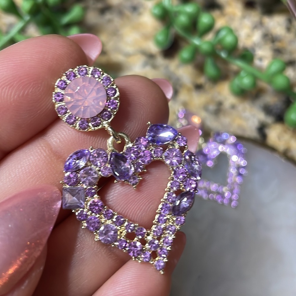 Lavender Crystal Heart Drop Statement Earrings - image 4